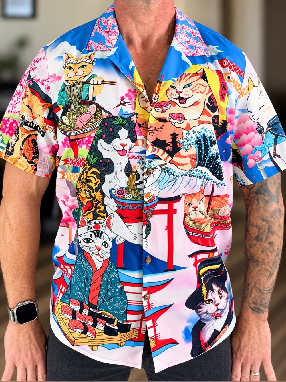 Hawalili XL Japanese Cat Sushi Ramen Hawaiian Button Down Shirt Kawaii